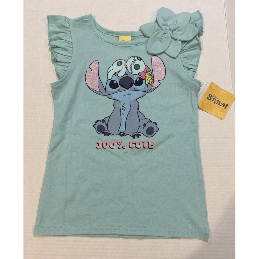 Disney Lilo & Stitch Tee Shirt Girls 4 Aqua Blue Hawaiian Hula 100% Cute
